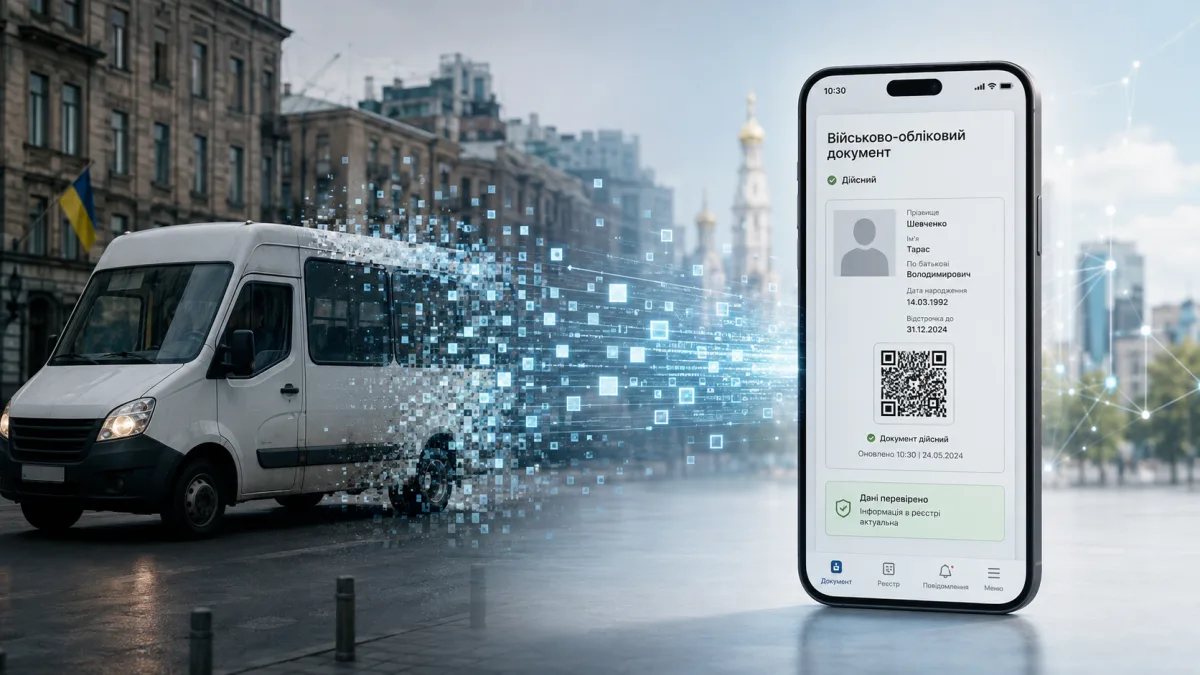 Мікроавтобус і цифровий військово-обліковий документ у смартфоні